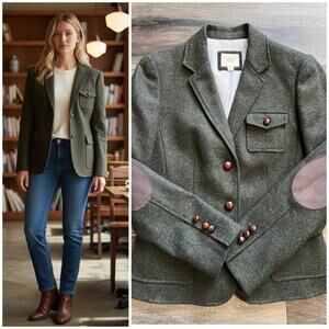 Brooks Brothers 4 Wool Blazer Tweed Military Green Elbow Patch Leather Buttons